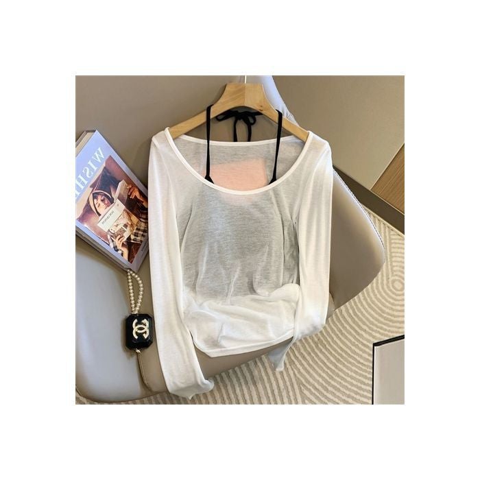 [Ready Stock In Our Own Factory] Hollow Pleated Women'S Sun Protection Knitted Blouse Long-Sleeved Suspender Thin Vest Two-Piece Set - Image 1